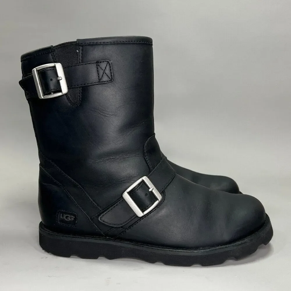 UGG Gallatin Boots Mens Size 8 Black Leather Buckle Motorcycle Moto Biker Winter
